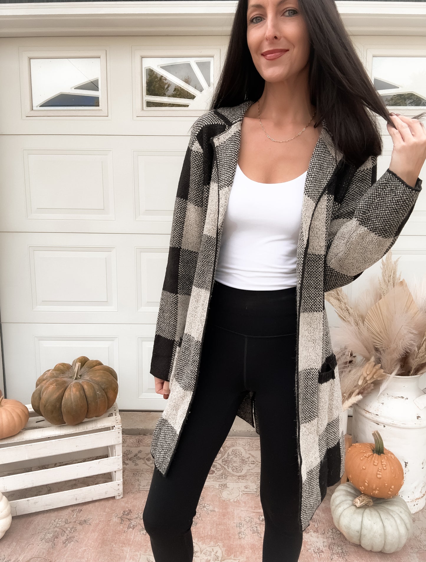Mid Length Black Plaid Cardigan