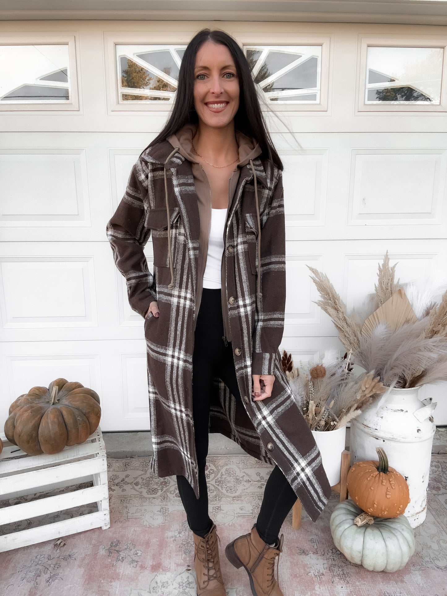 Twofer Hoodie Plaid Long Jacket - Cocoa
