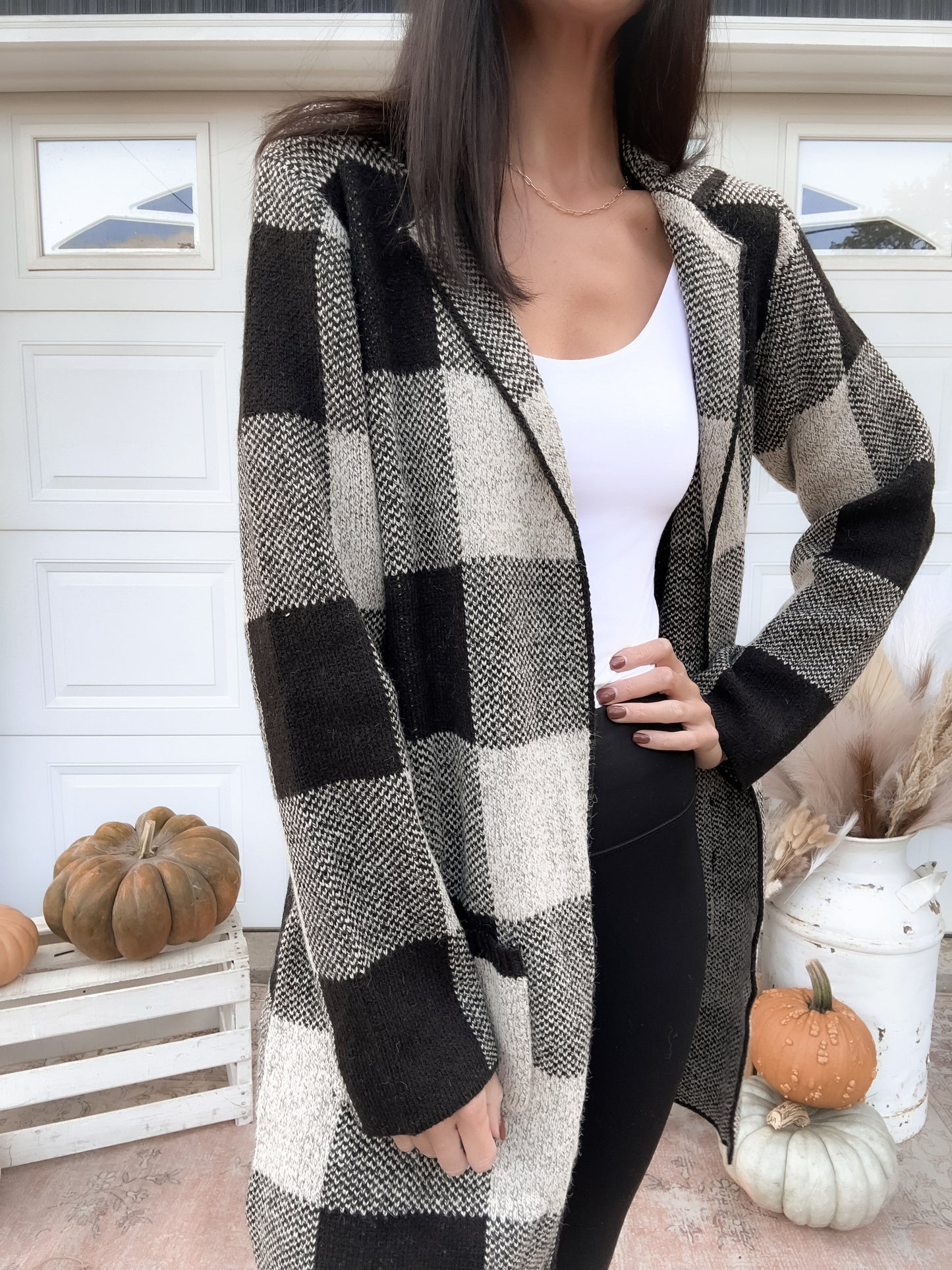 Mid Length Black Plaid Cardigan
