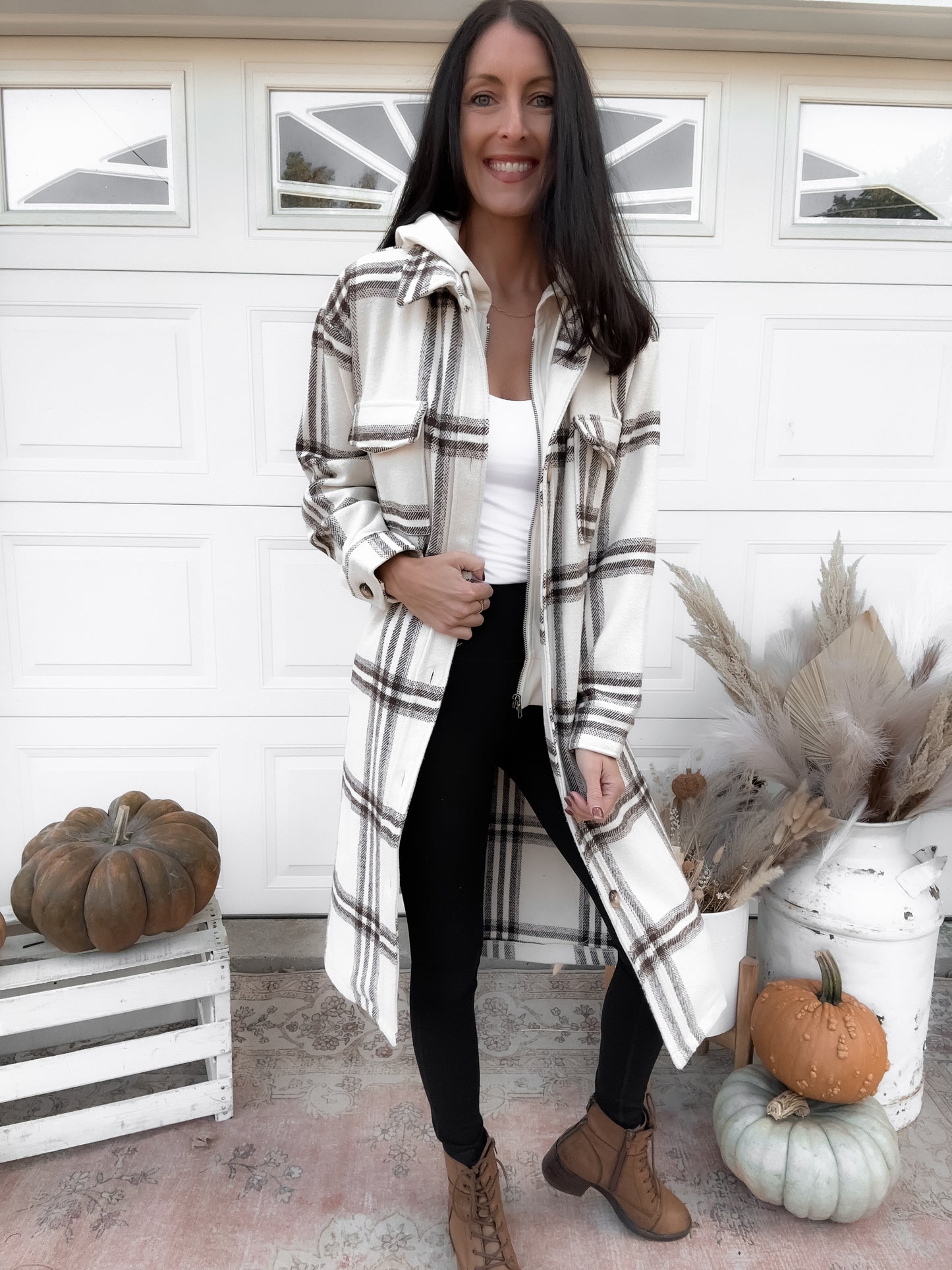 Twofer Hoodie Plaid Long Jacket - Cream