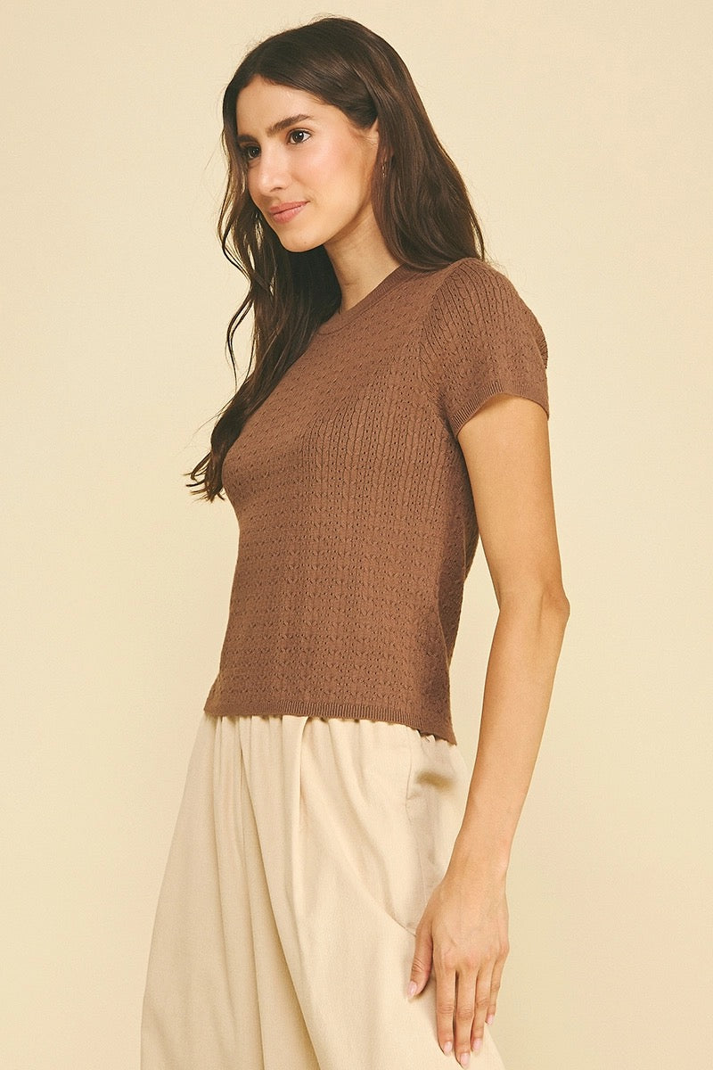 Pointelle Cable Knit Top - Brown