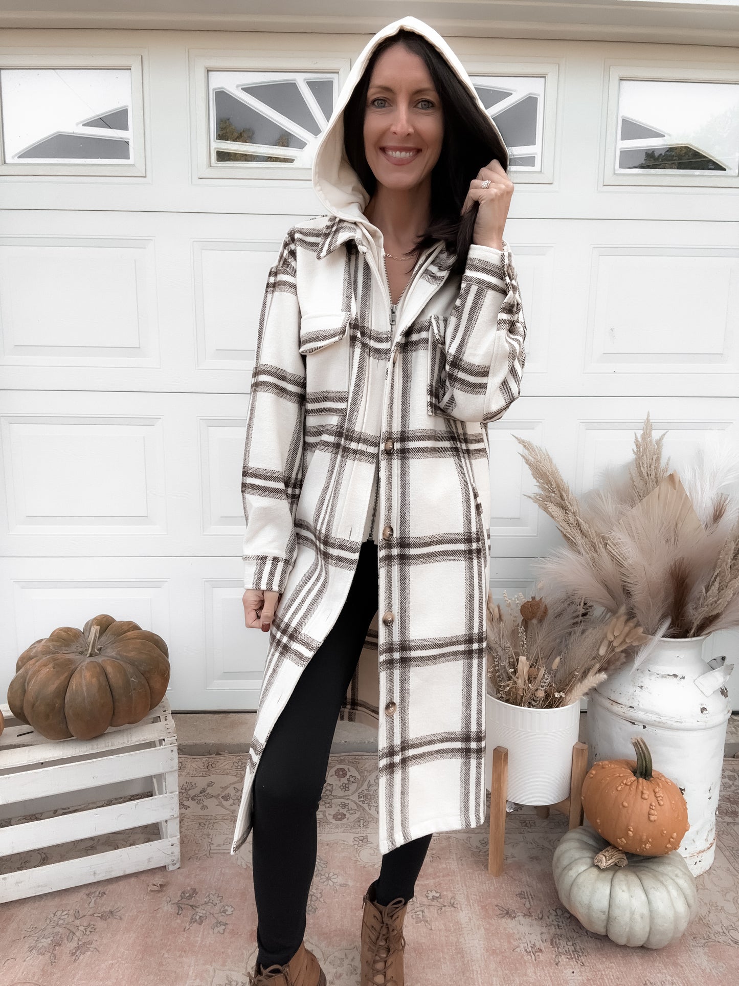 Twofer Hoodie Plaid Long Jacket - Cream