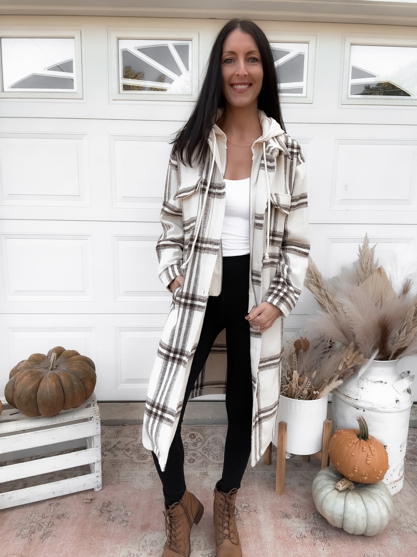 Twofer Hoodie Plaid Long Jacket - Cream