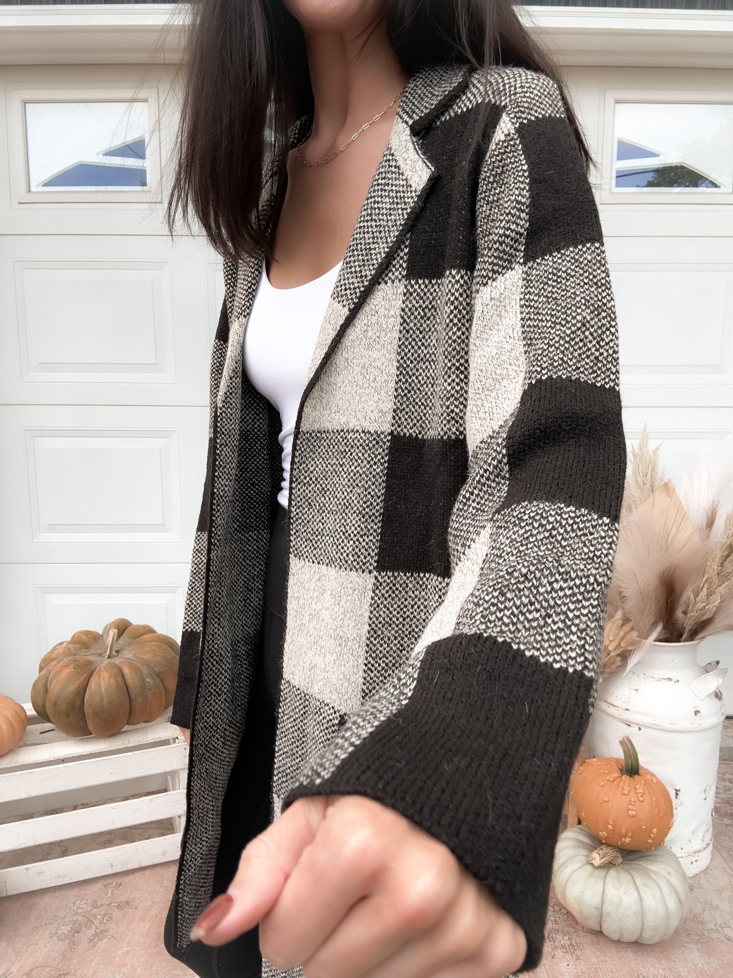 Mid Length Black Plaid Cardigan