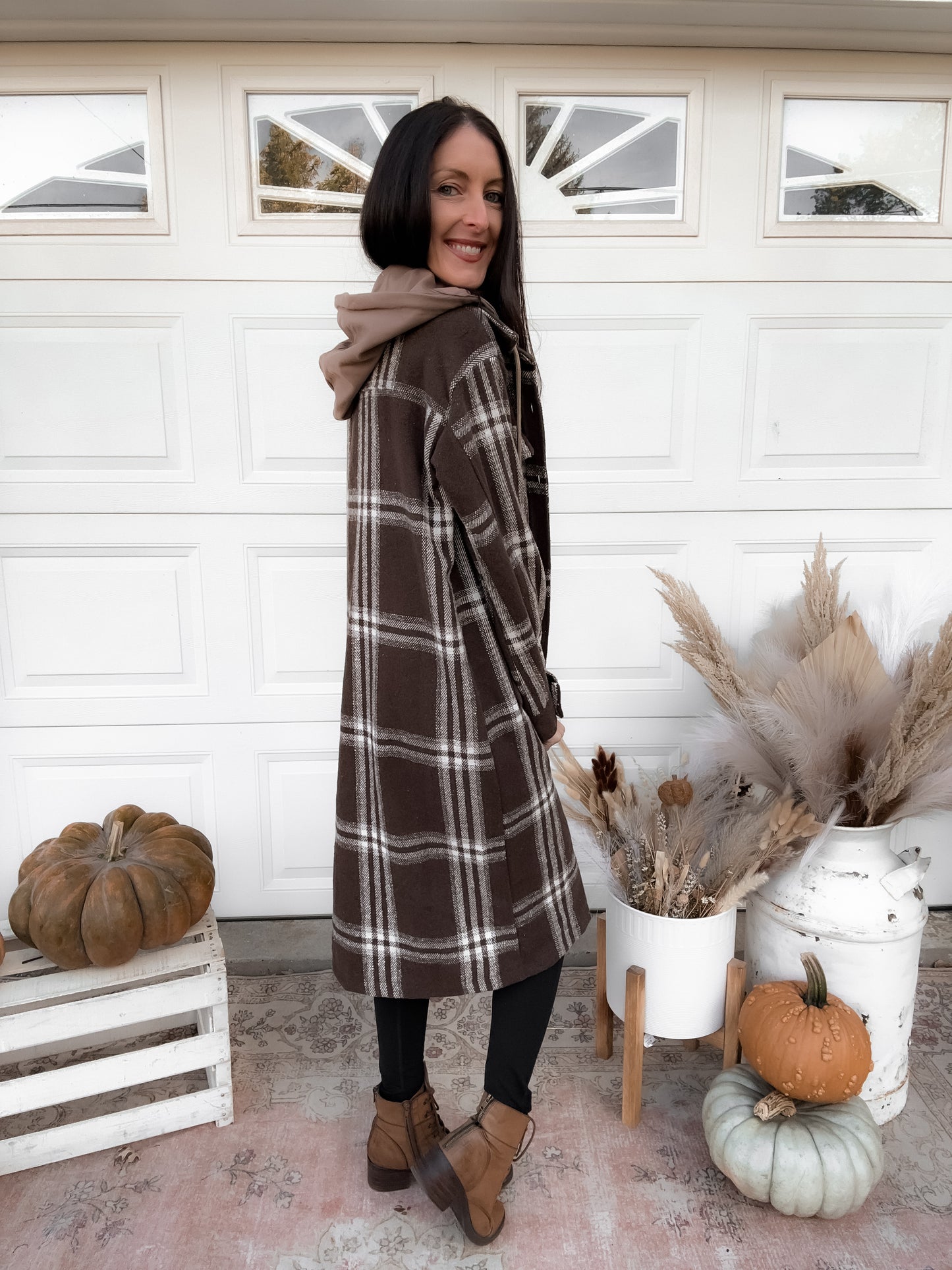 Twofer Hoodie Plaid Long Jacket - Cocoa