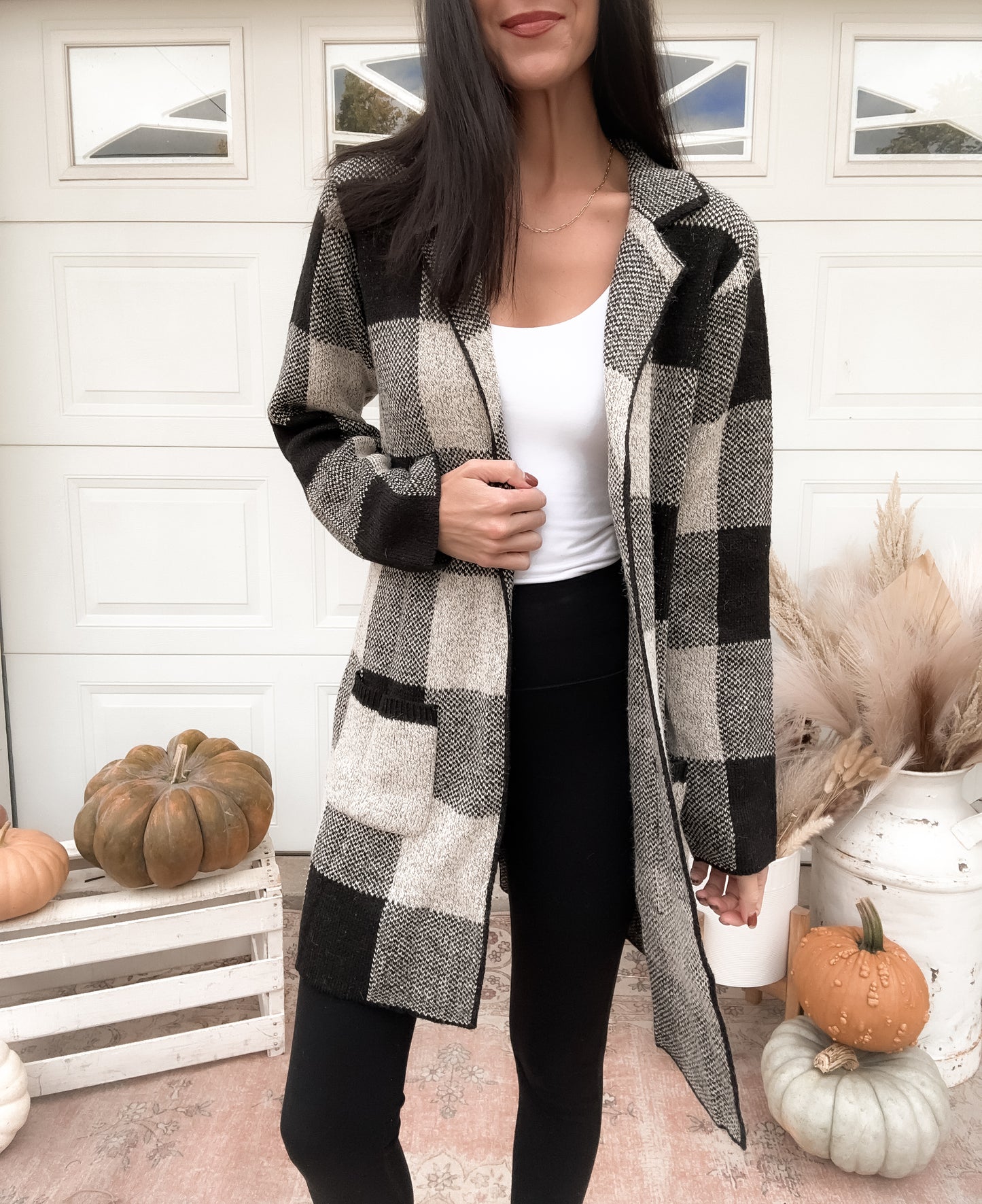 Mid Length Black Plaid Cardigan