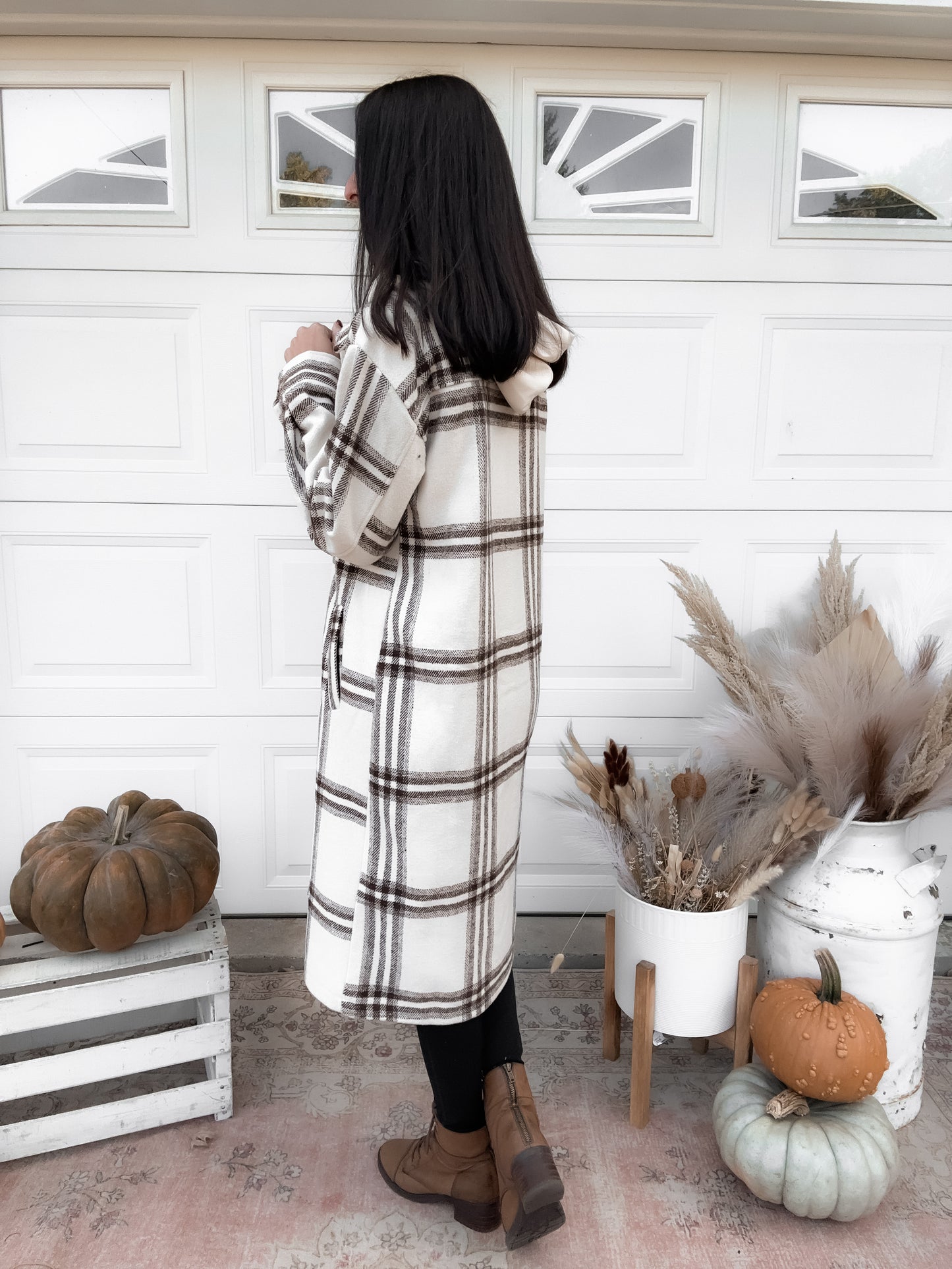 Twofer Hoodie Plaid Long Jacket - Cream