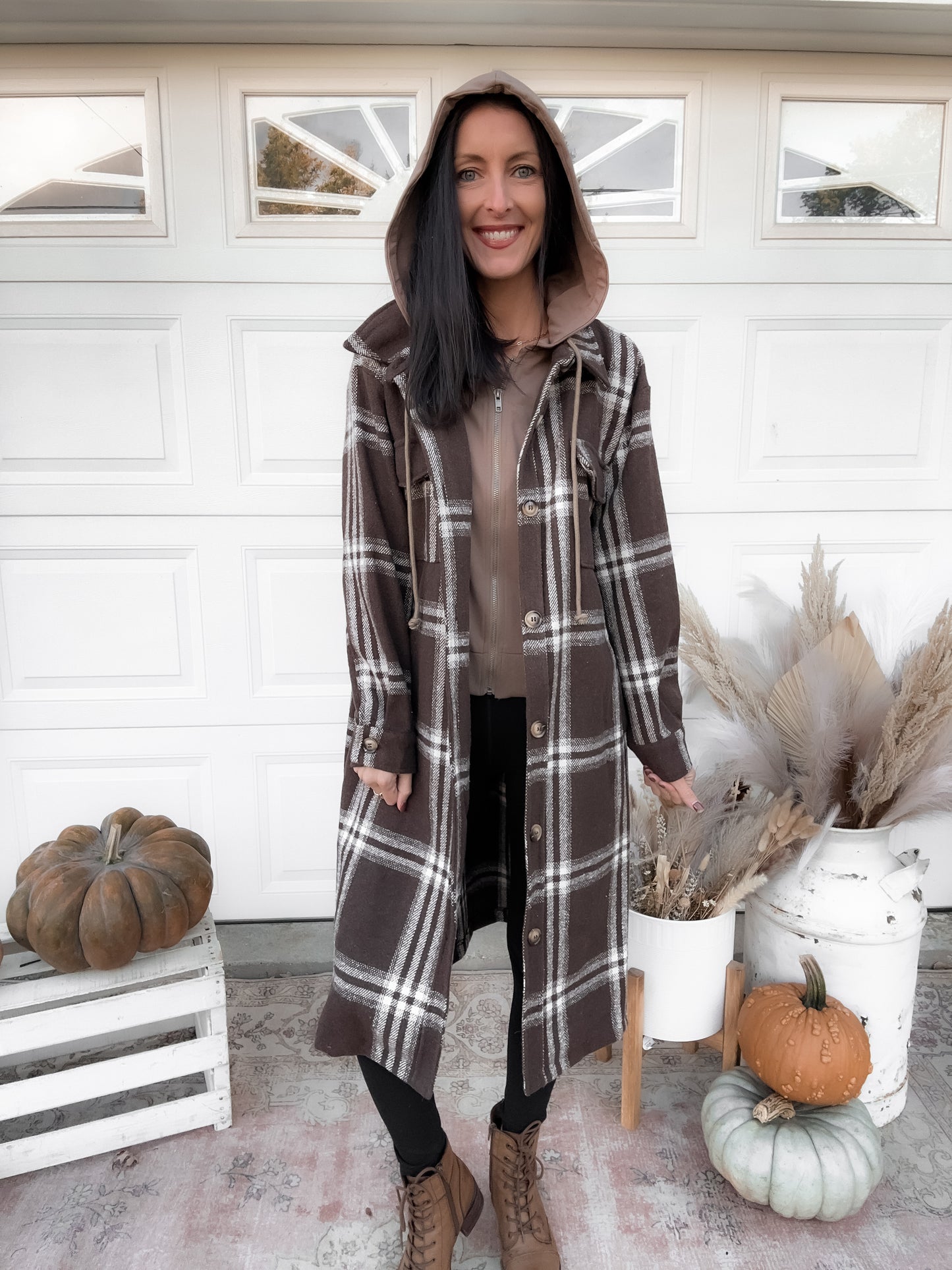 Twofer Hoodie Plaid Long Jacket - Cocoa