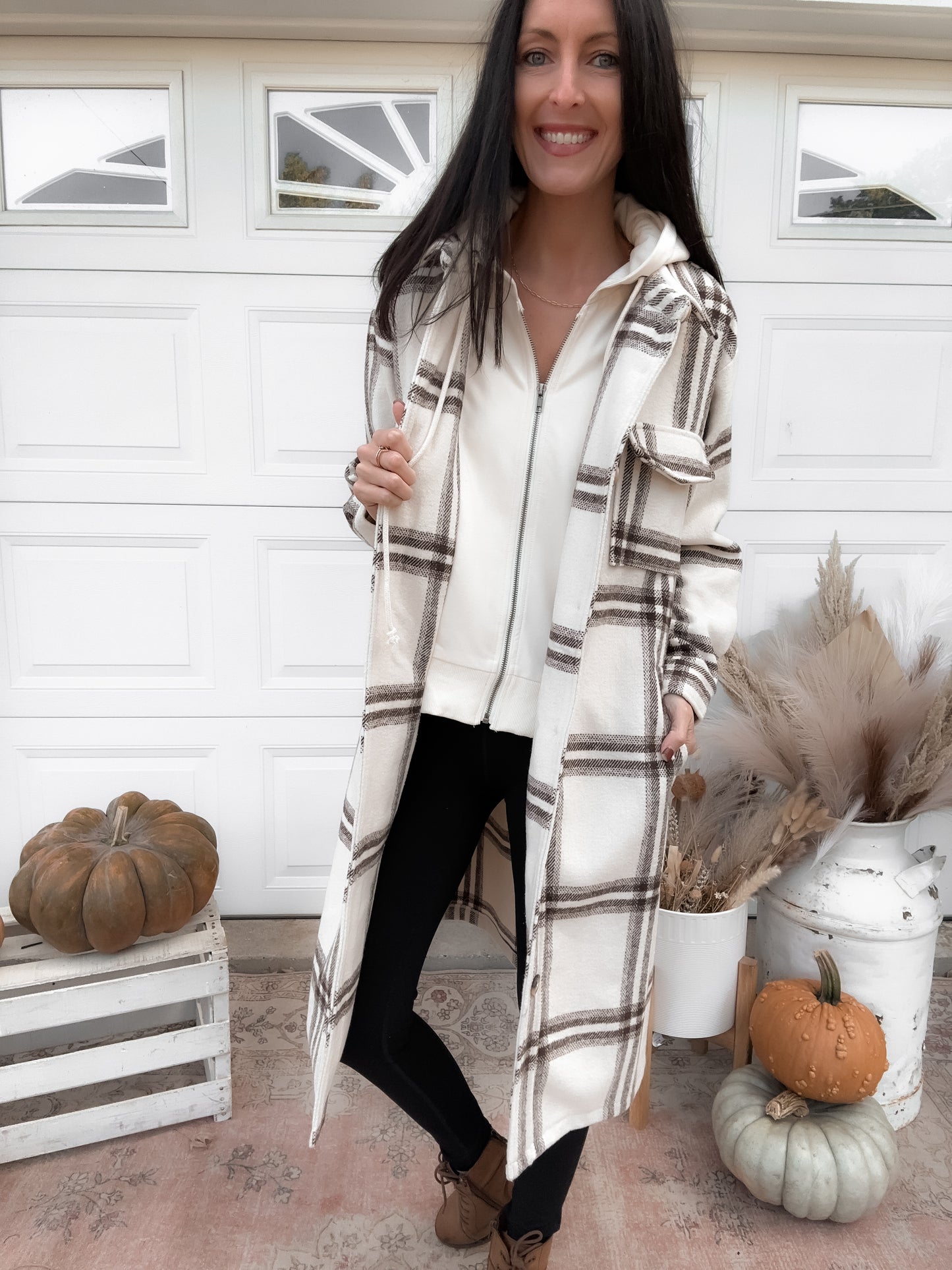Twofer Hoodie Plaid Long Jacket - Cream