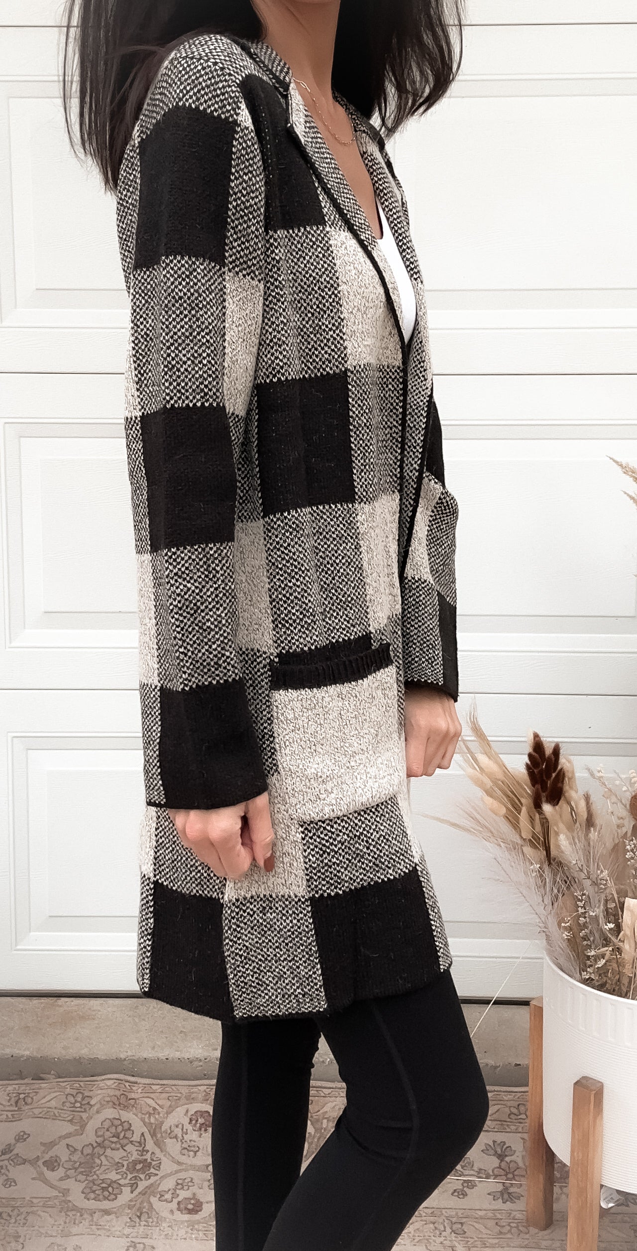 Mid Length Black Plaid Cardigan