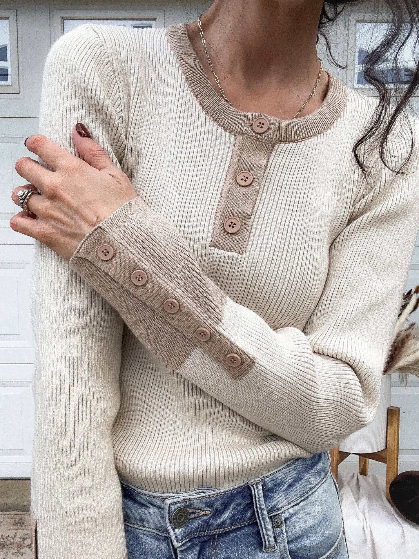 Ribbed Fitted Sweater with Button Detail