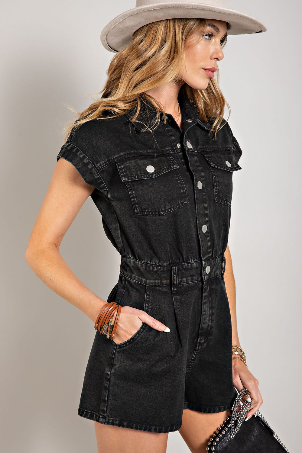 Denim Button Up Romper - Black
