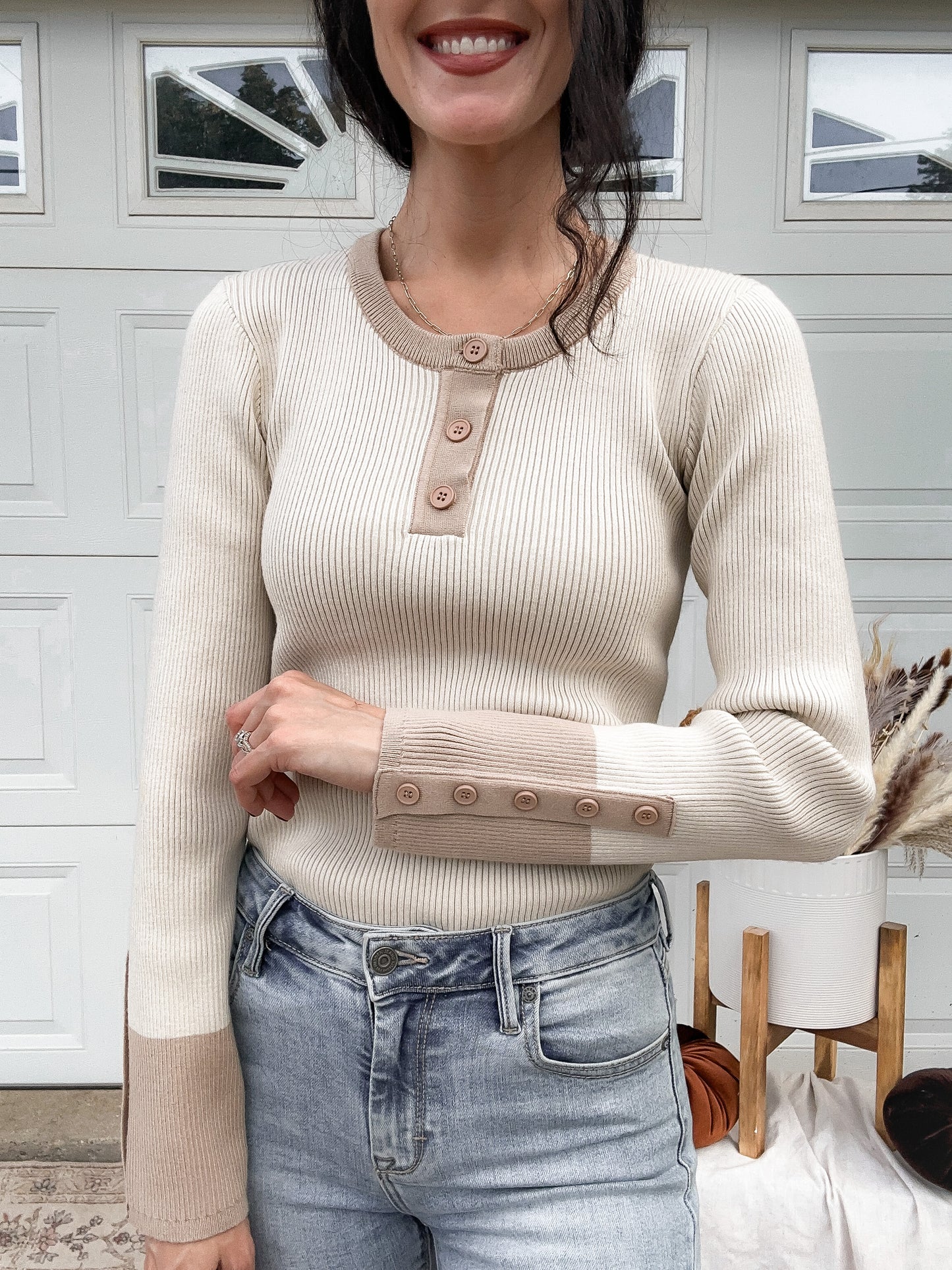 Ribbed Fitted Sweater with Button Detail