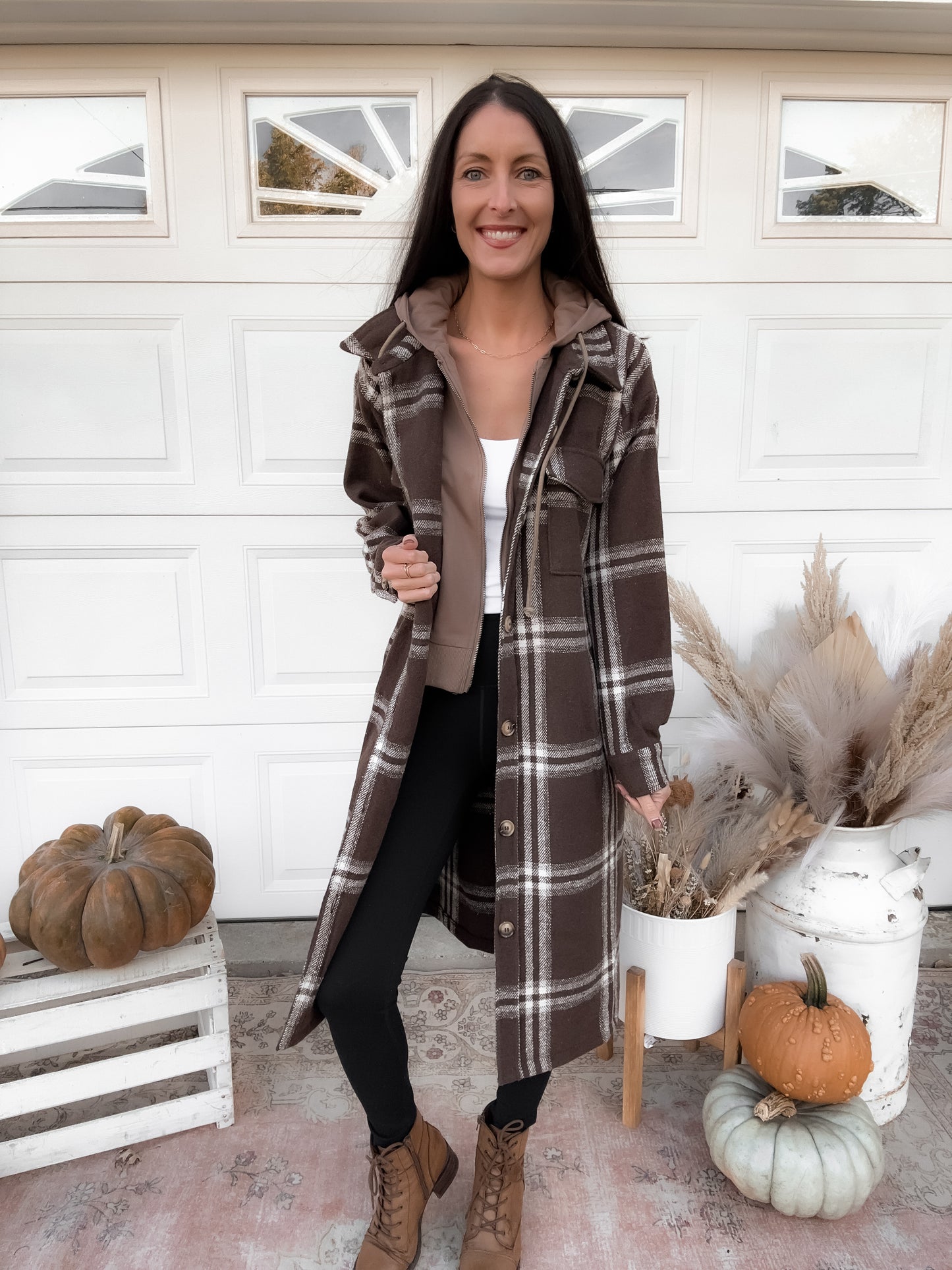Twofer Hoodie Plaid Long Jacket - Cocoa