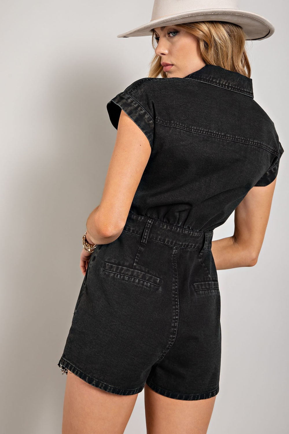 Denim Button Up Romper - Black