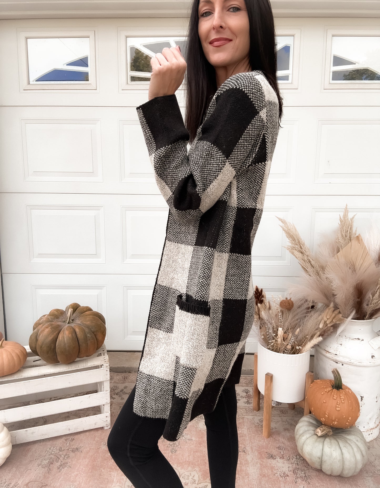Mid Length Black Plaid Cardigan