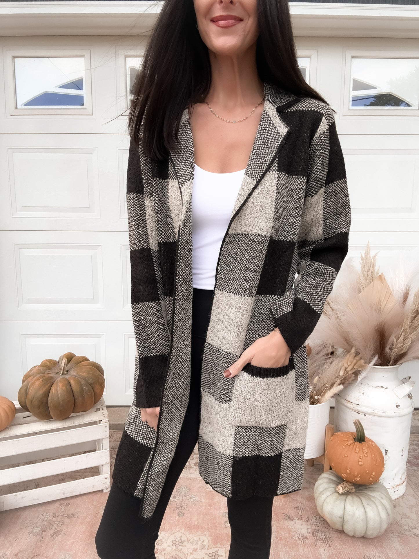 Mid Length Black Plaid Cardigan