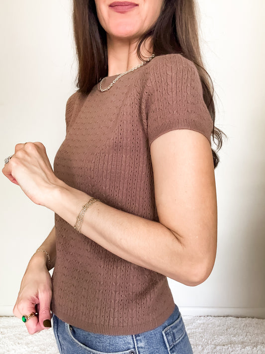 Pointelle Cable Knit Top - Brown