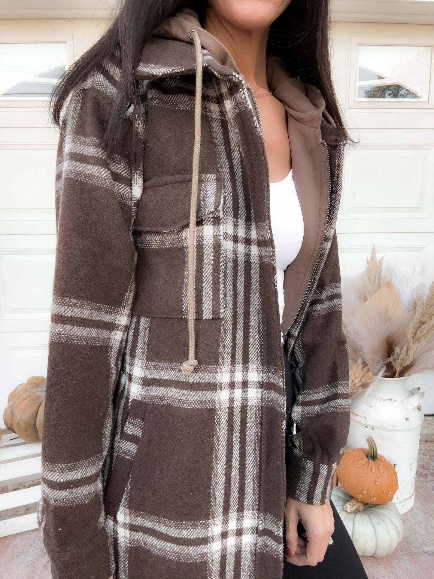 Twofer Hoodie Plaid Long Jacket - Cocoa