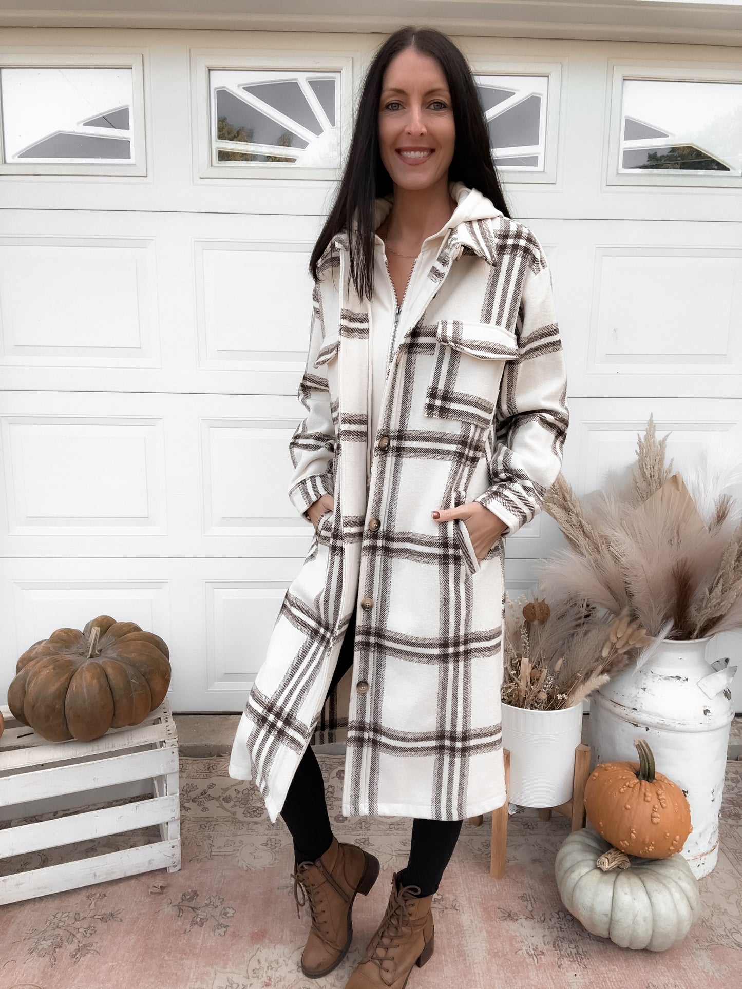 Twofer Hoodie Plaid Long Jacket - Cream