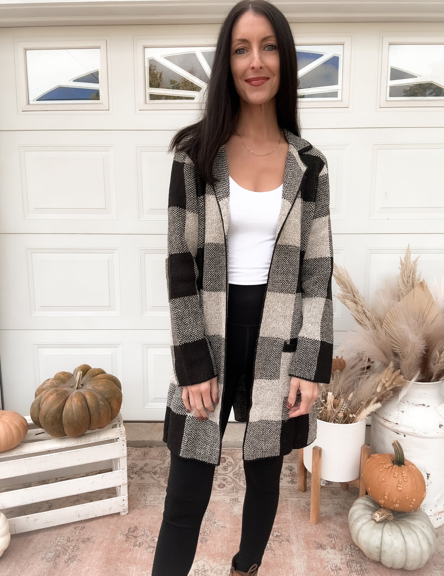 Mid Length Black Plaid Cardigan