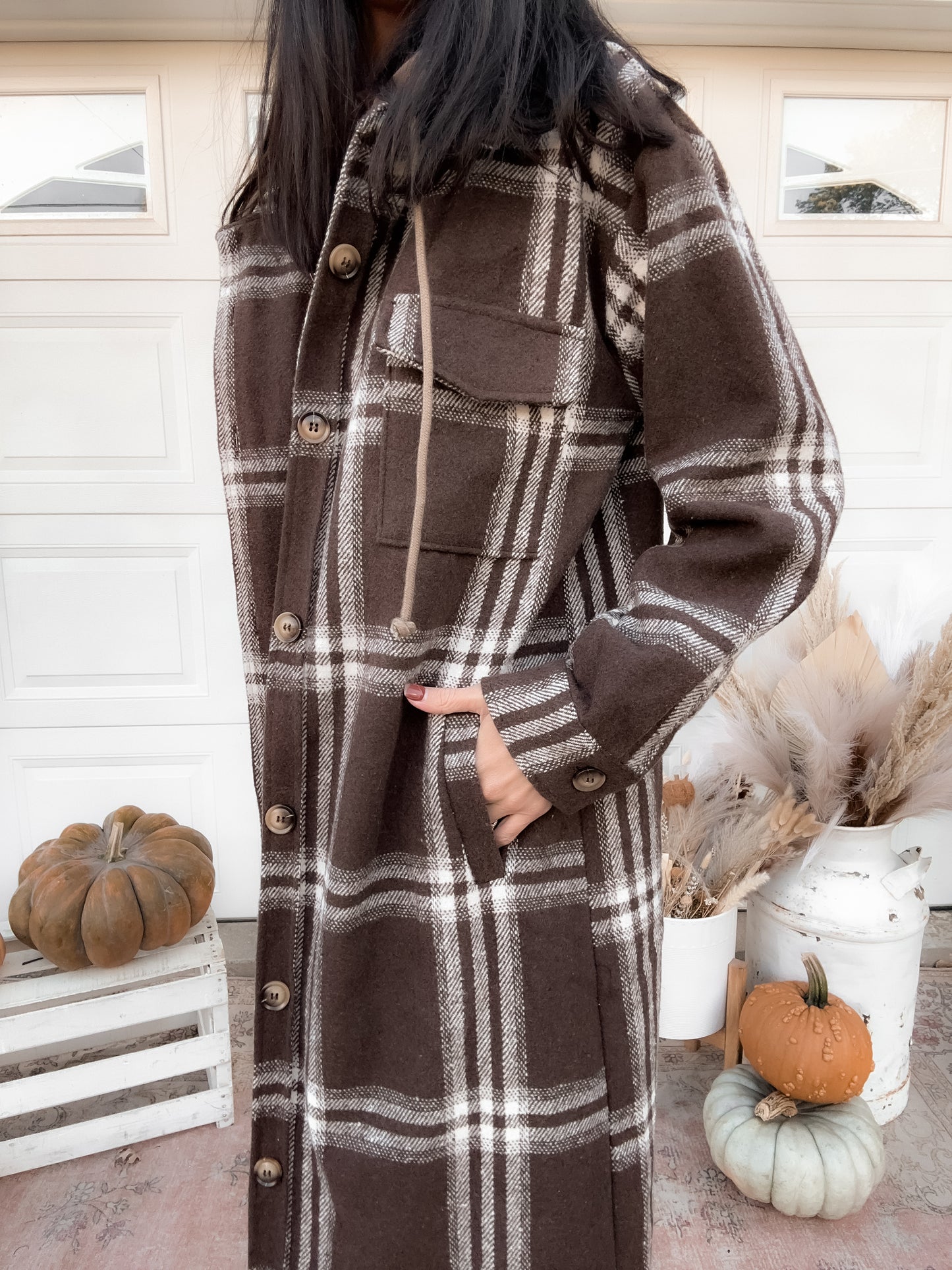 Twofer Hoodie Plaid Long Jacket - Cocoa