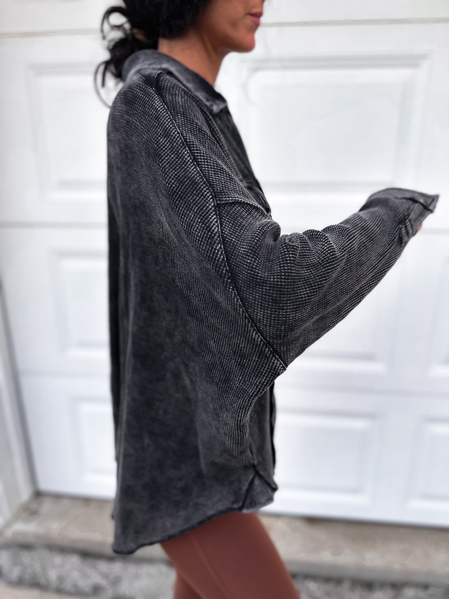 Waffle Knit Button Up - Mineral Wash Black