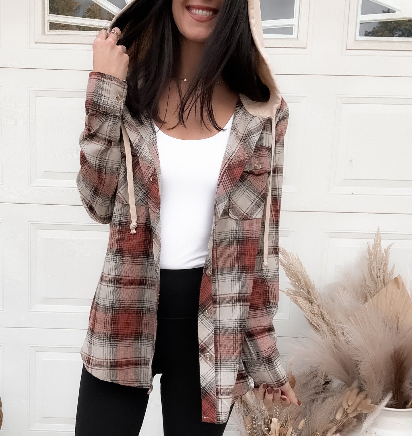 Tori Hooded Plaid Shacket - Brick