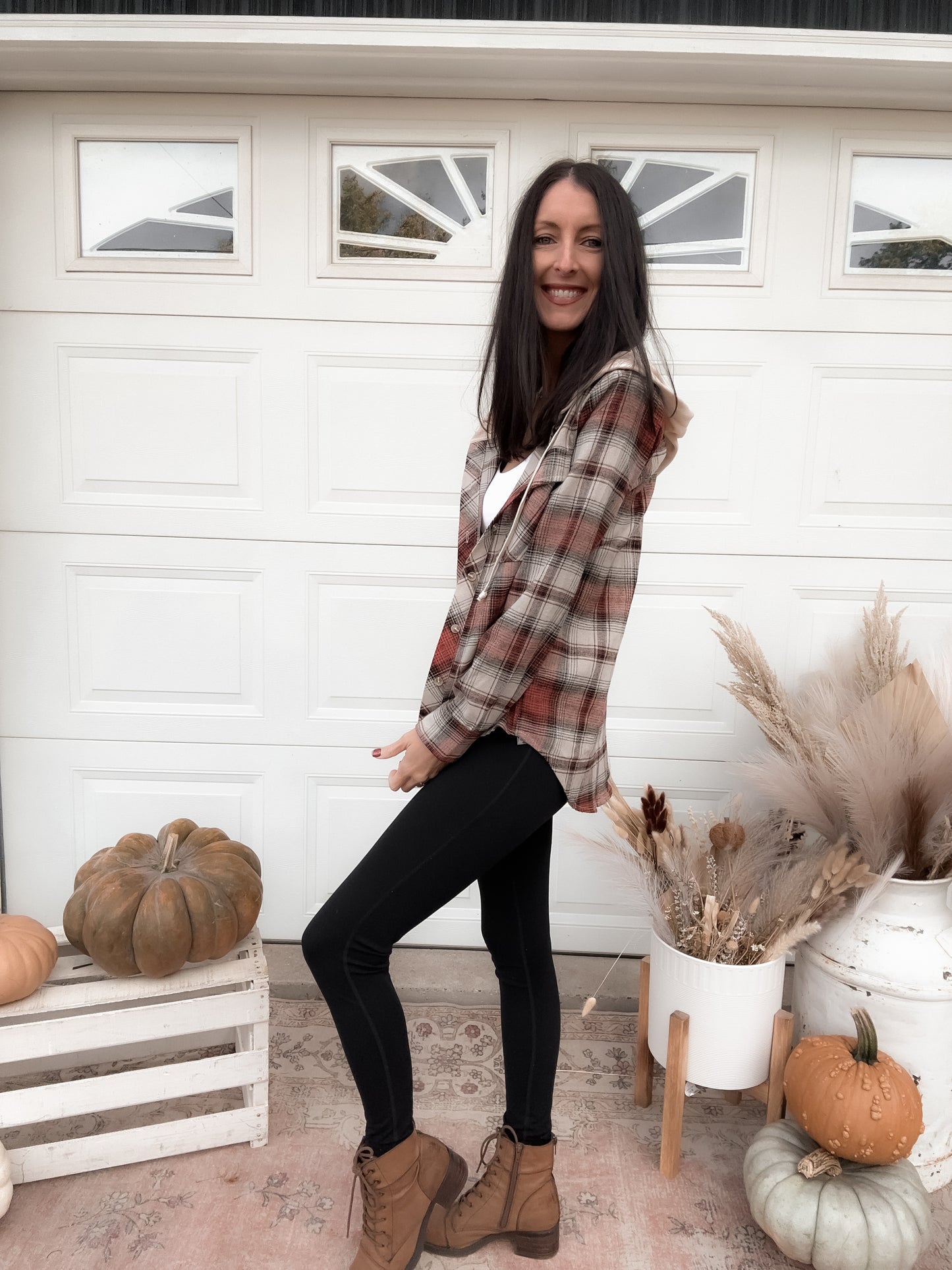 Tori Hooded Plaid Shacket - Brick