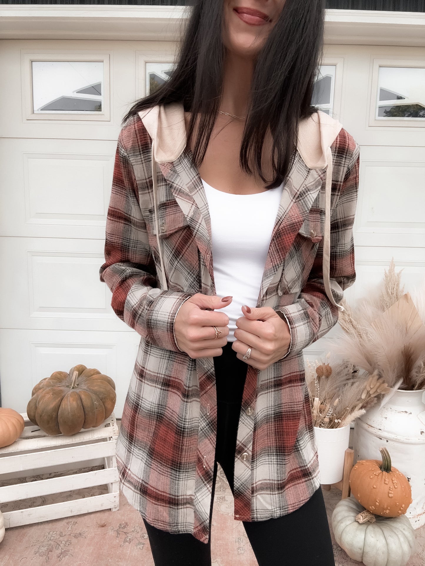 Tori Hooded Plaid Shacket - Brick