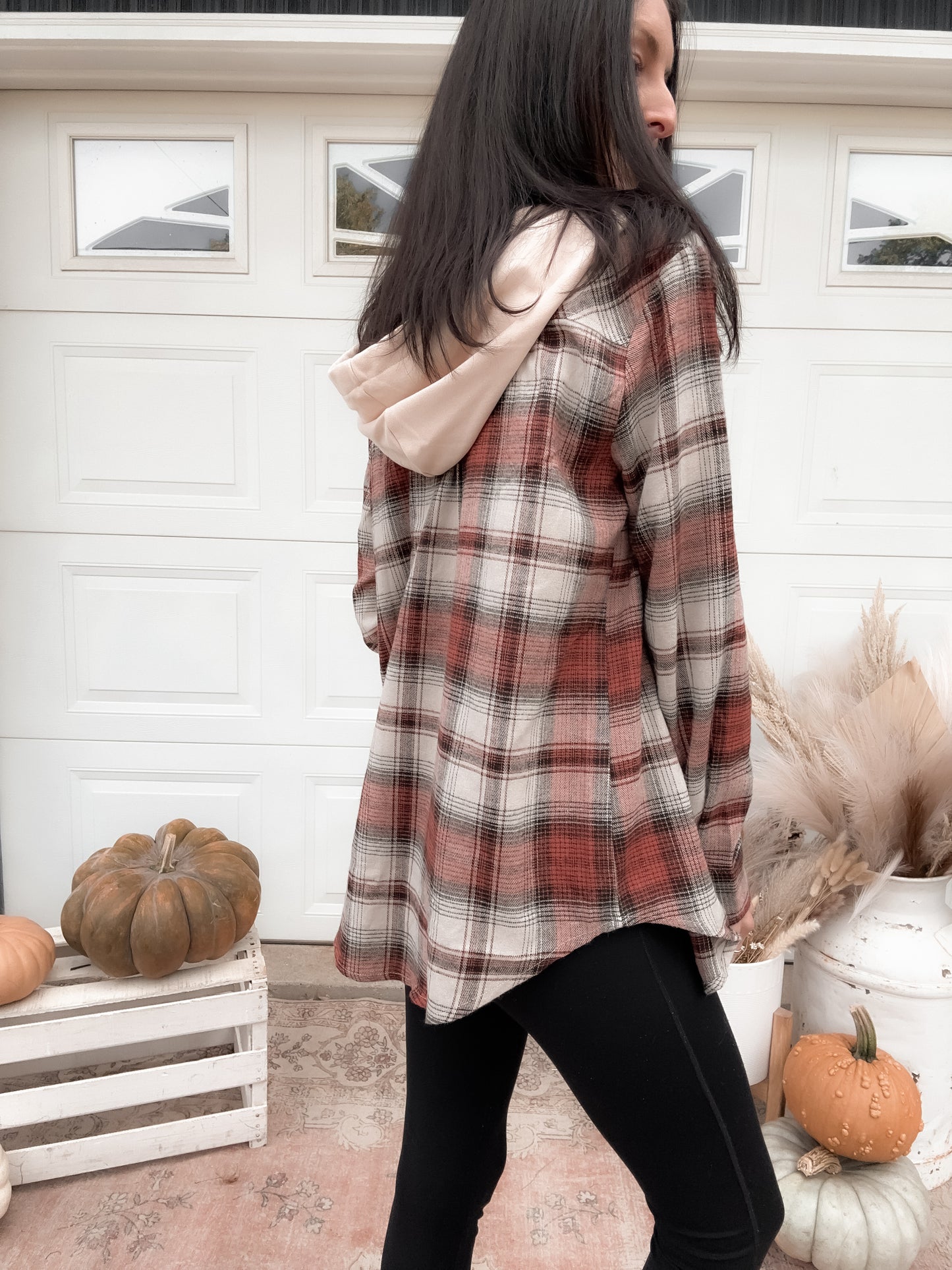 Tori Hooded Plaid Shacket - Brick