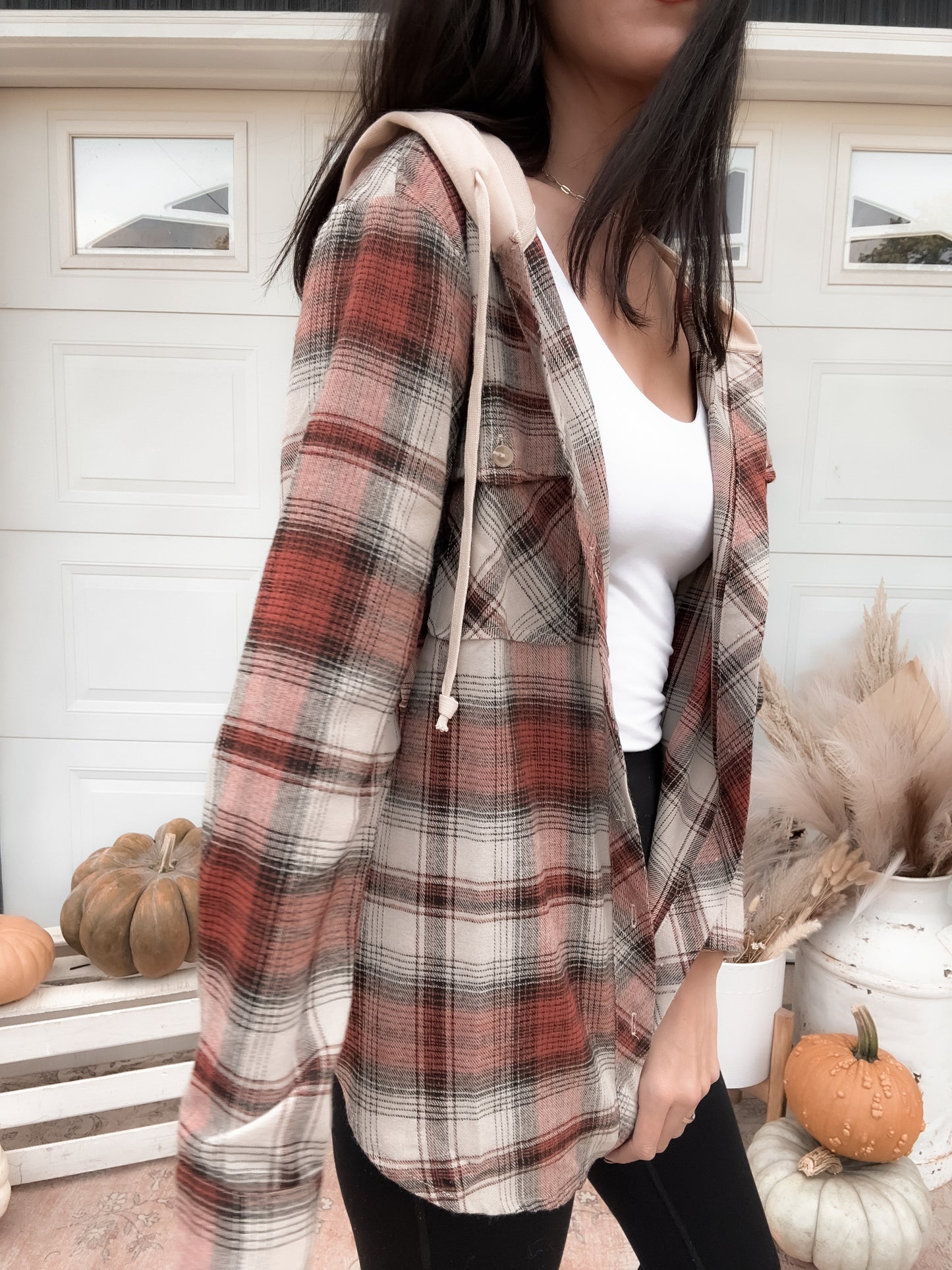 Tori Hooded Plaid Shacket - Brick