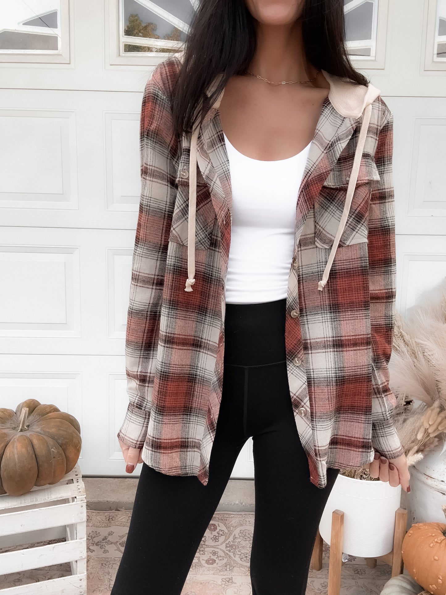 Tori Hooded Plaid Shacket - Brick