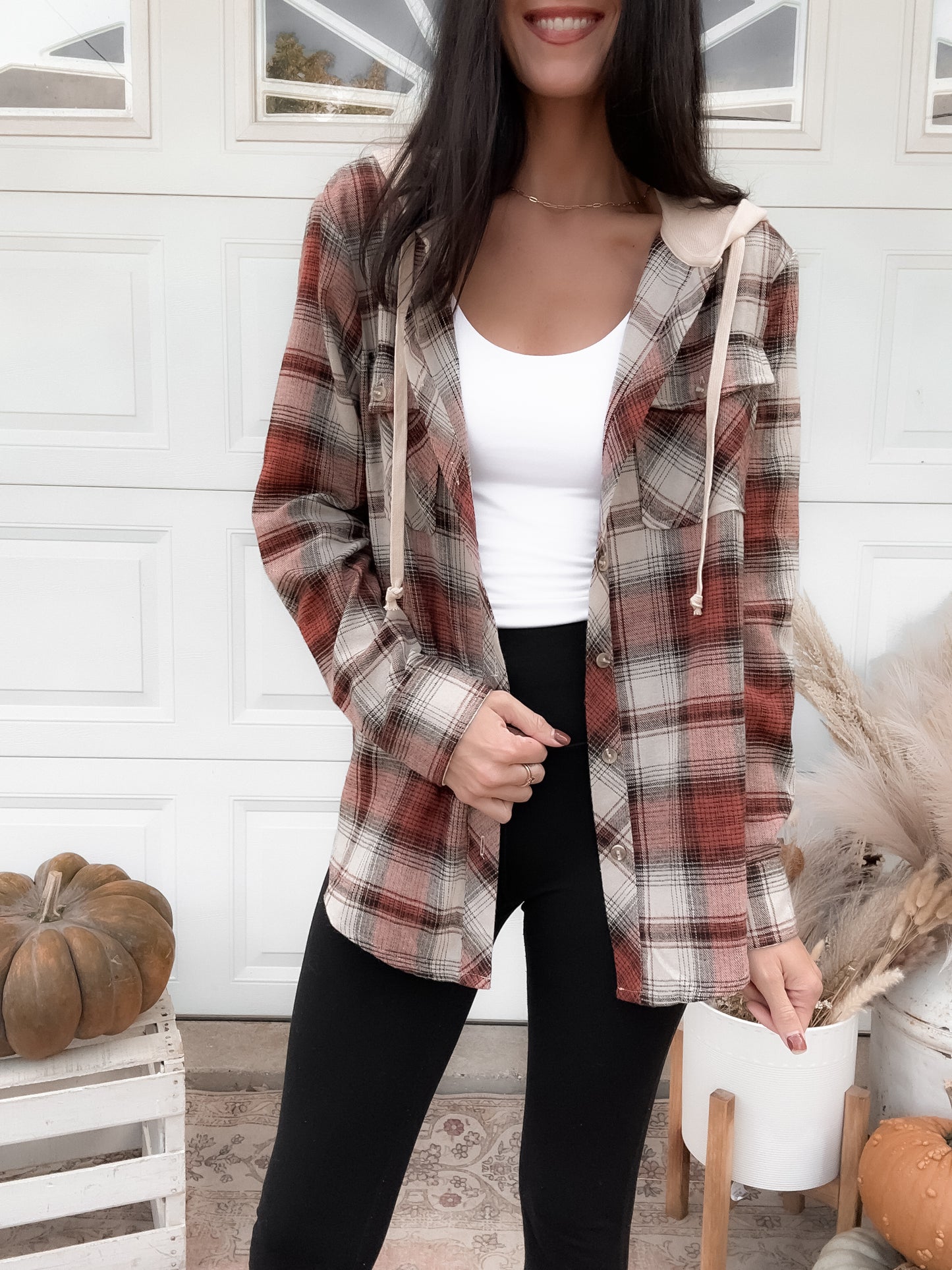 Tori Hooded Plaid Shacket - Brick