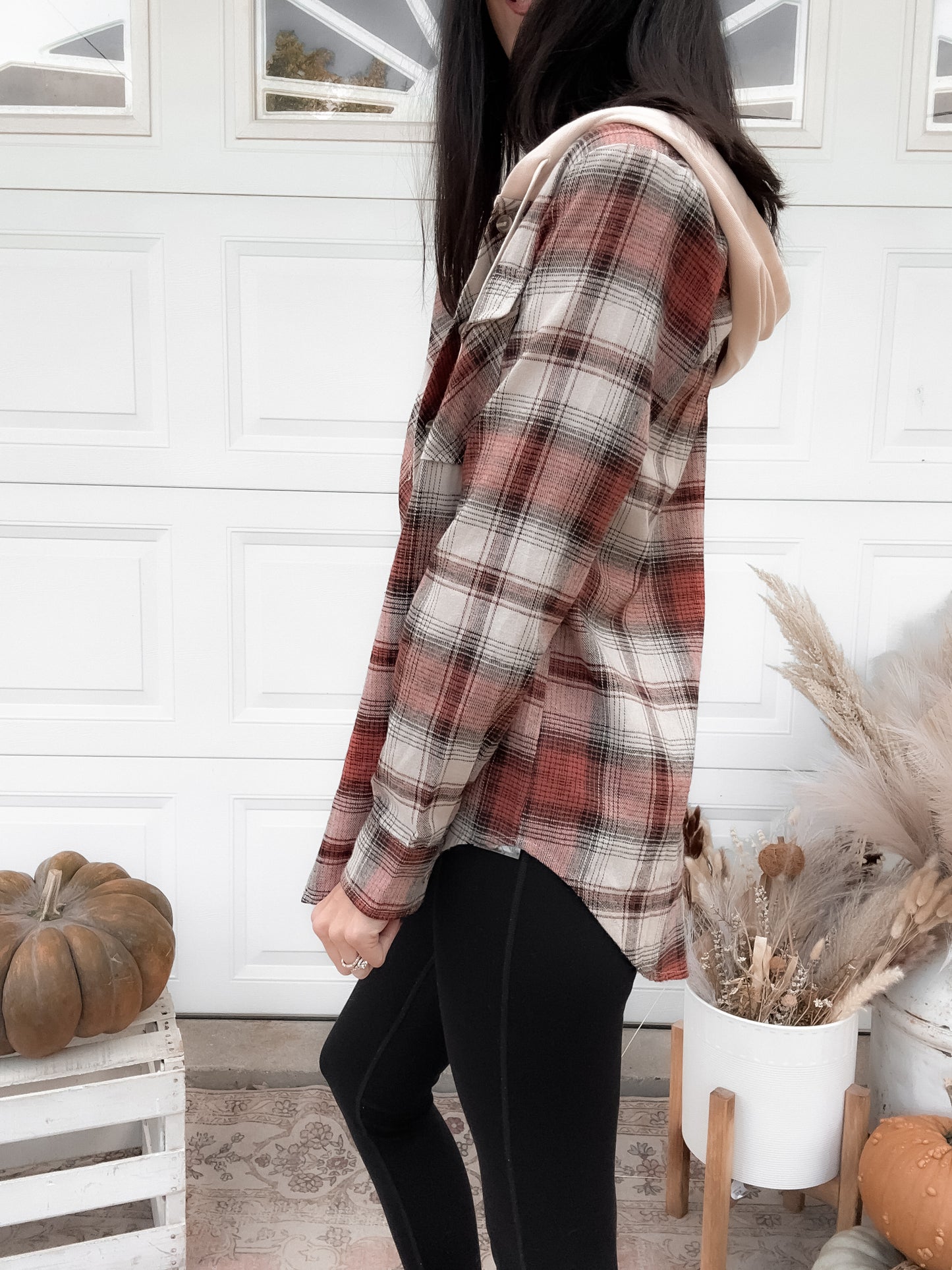 Tori Hooded Plaid Shacket - Brick