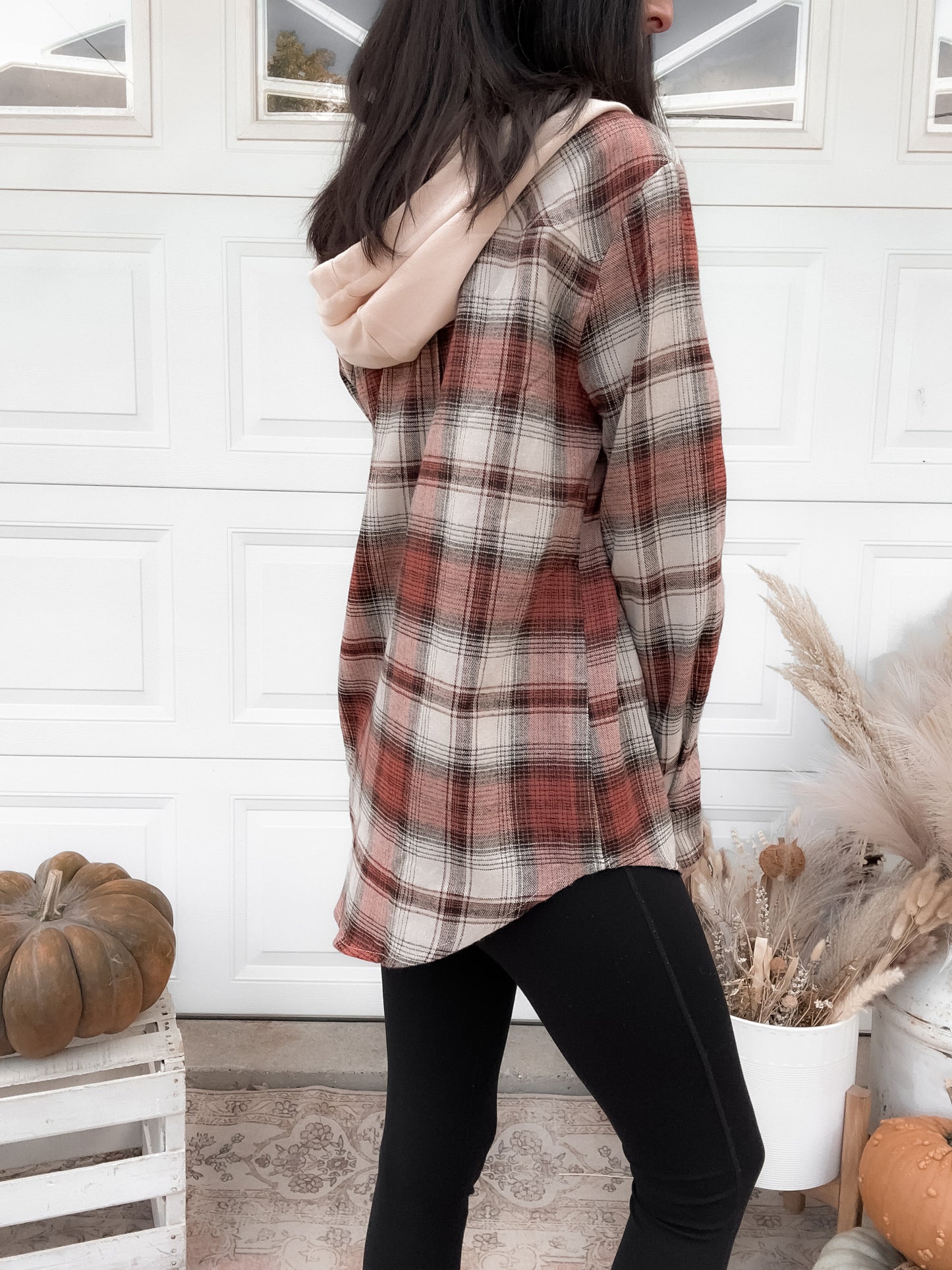 Tori Hooded Plaid Shacket - Brick