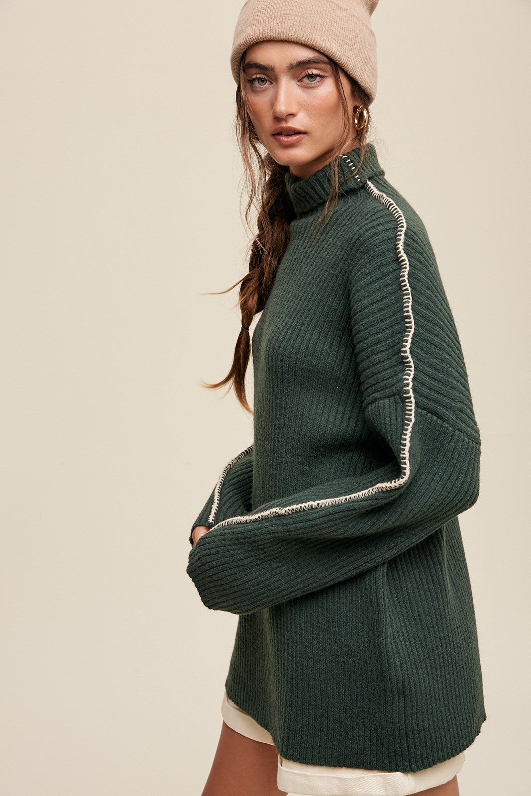 Contrast Stitch Sweater - Dk Green