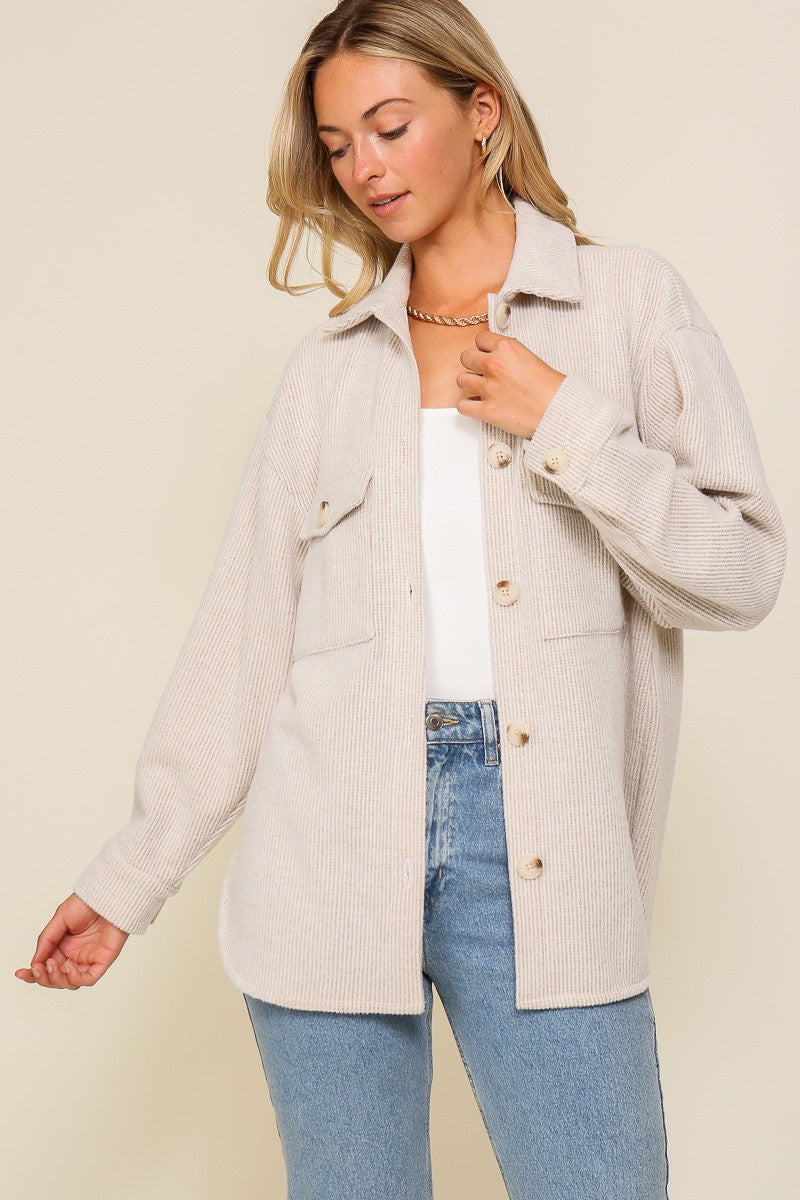 Elaine Brushed Waffle Shacket - Oatmeal