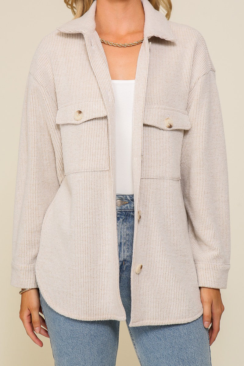 Elaine Brushed Waffle Shacket - Oatmeal