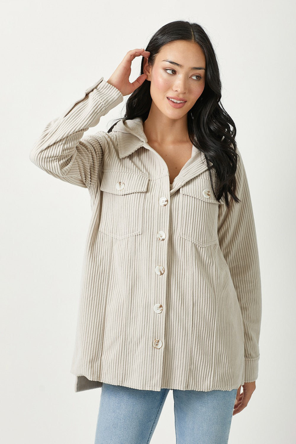 Corduroy Shacket With Hood