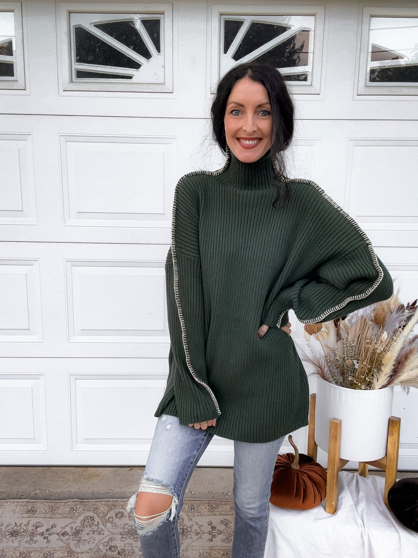 Contrast Stitch Sweater - Dk Green