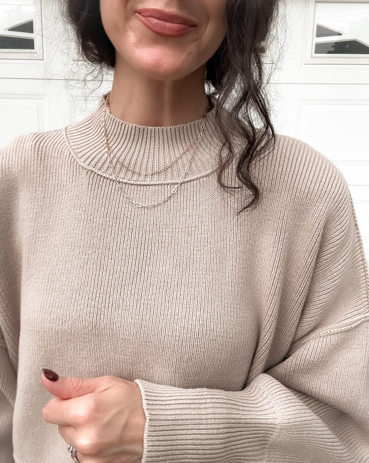 Side Slit Oversized Cropped Sweater - Lt Mocha