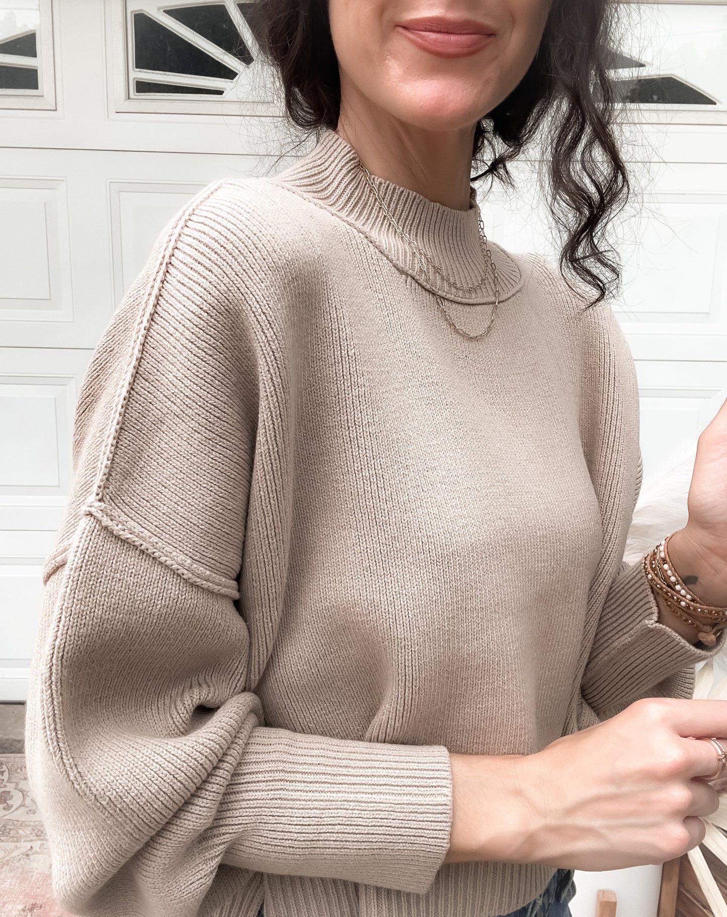 Side Slit Oversized Cropped Sweater - Lt Mocha