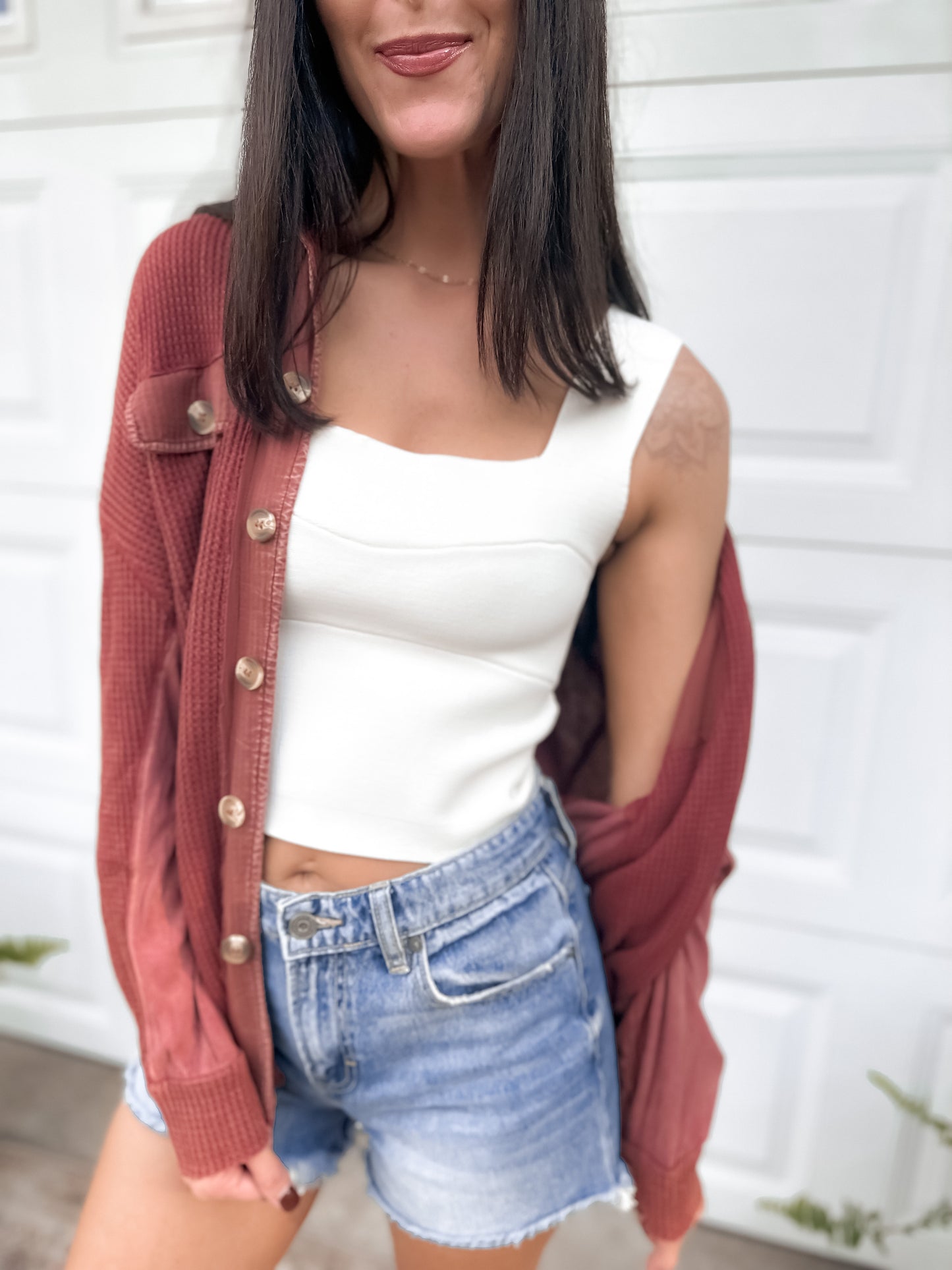 Waffle Knit Button Up - Brick