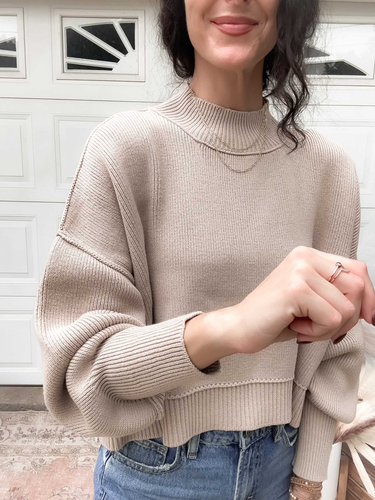 Side Slit Oversized Cropped Sweater - Lt Mocha