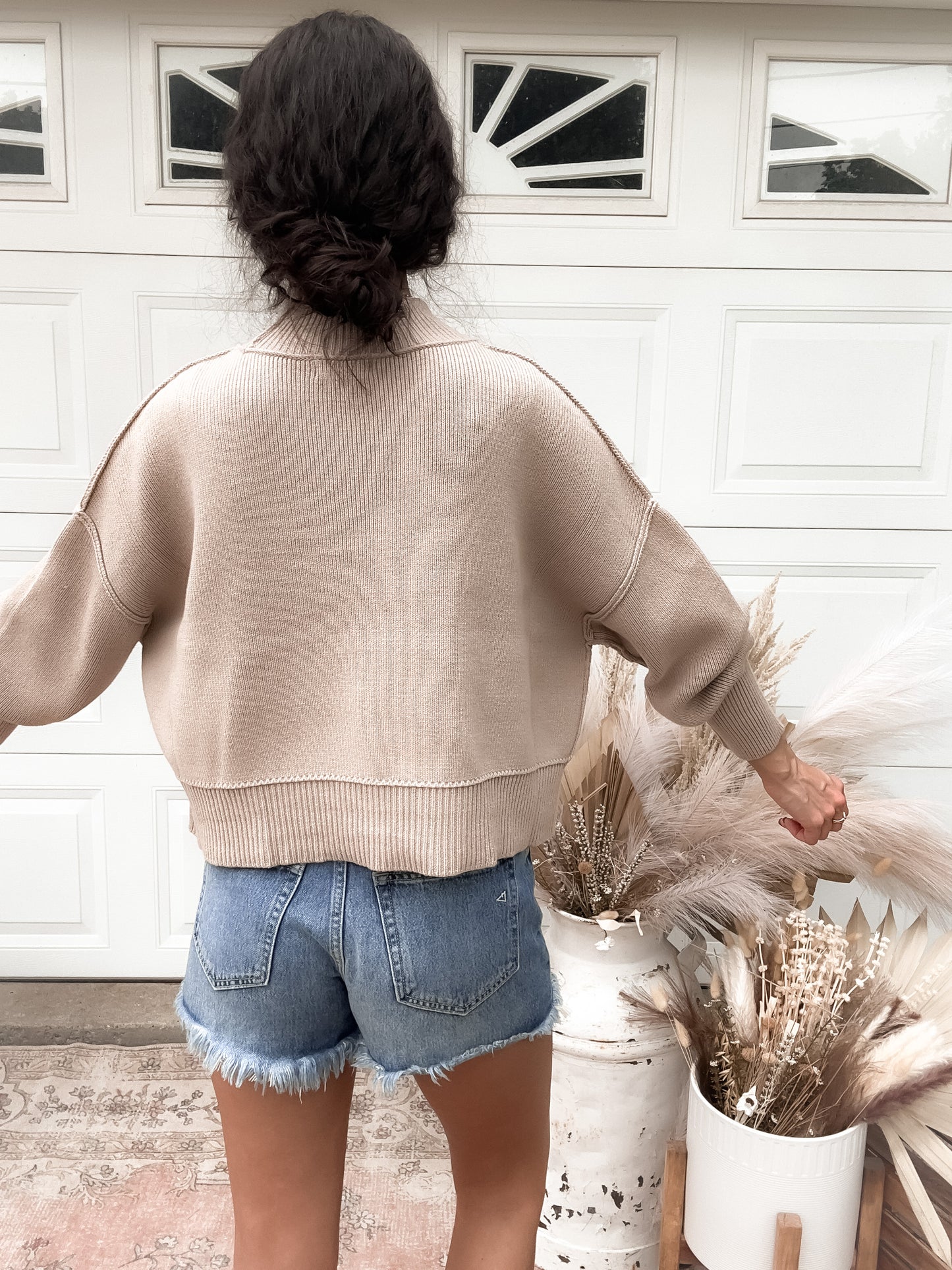 Side Slit Oversized Cropped Sweater - Lt Mocha