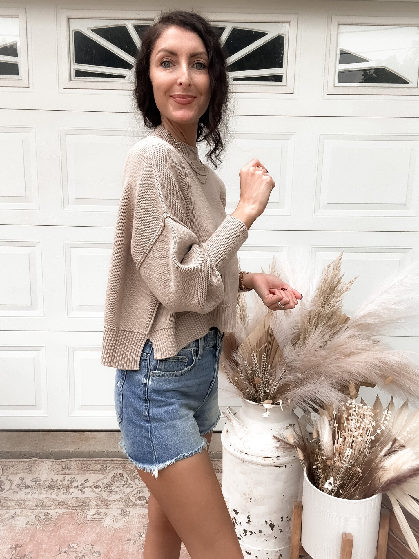 Side Slit Oversized Cropped Sweater - Lt Mocha