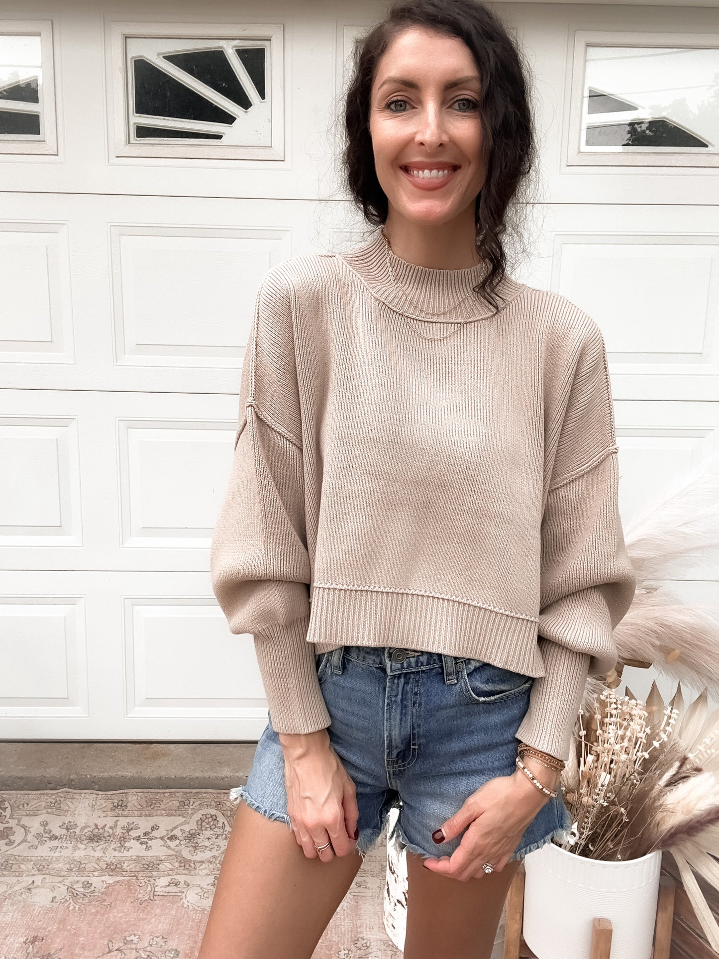 Side Slit Oversized Cropped Sweater - Lt Mocha