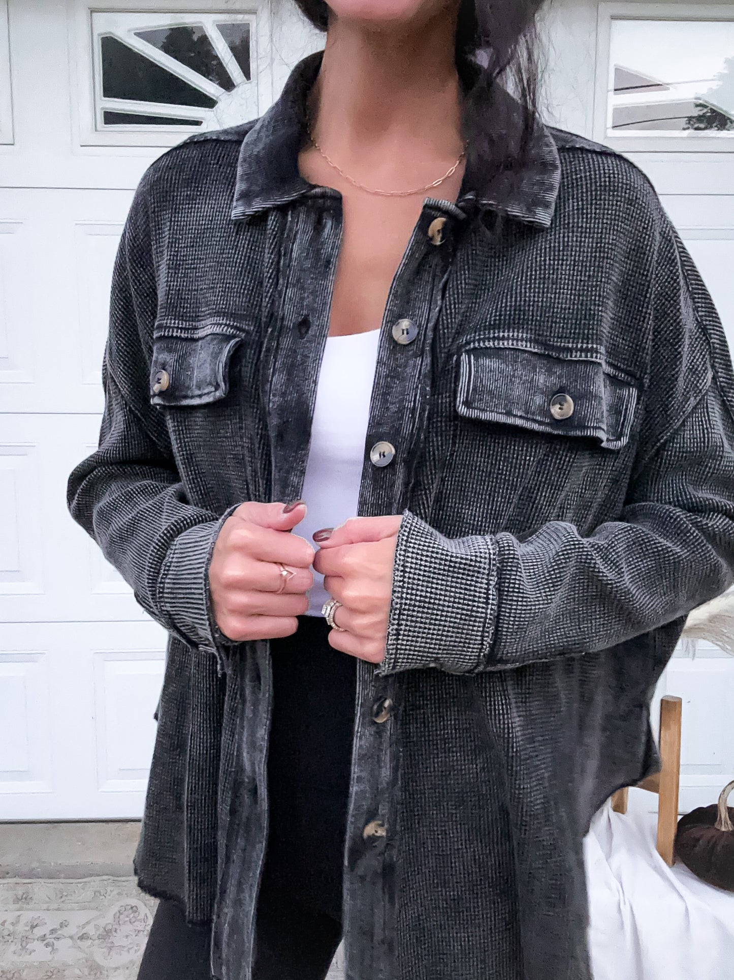 Waffle Knit Button Up - Mineral Wash Black