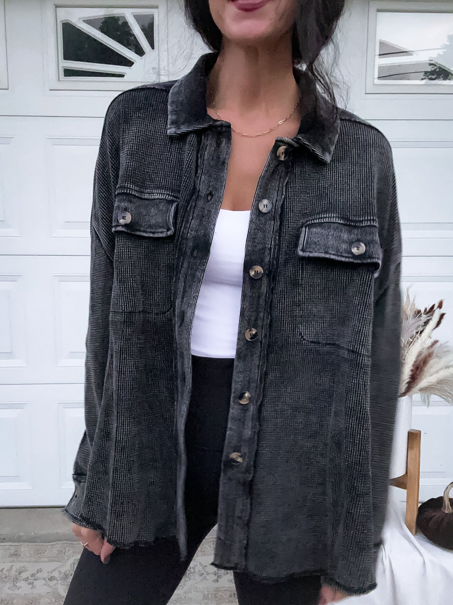 Waffle Knit Button Up - Mineral Wash Black